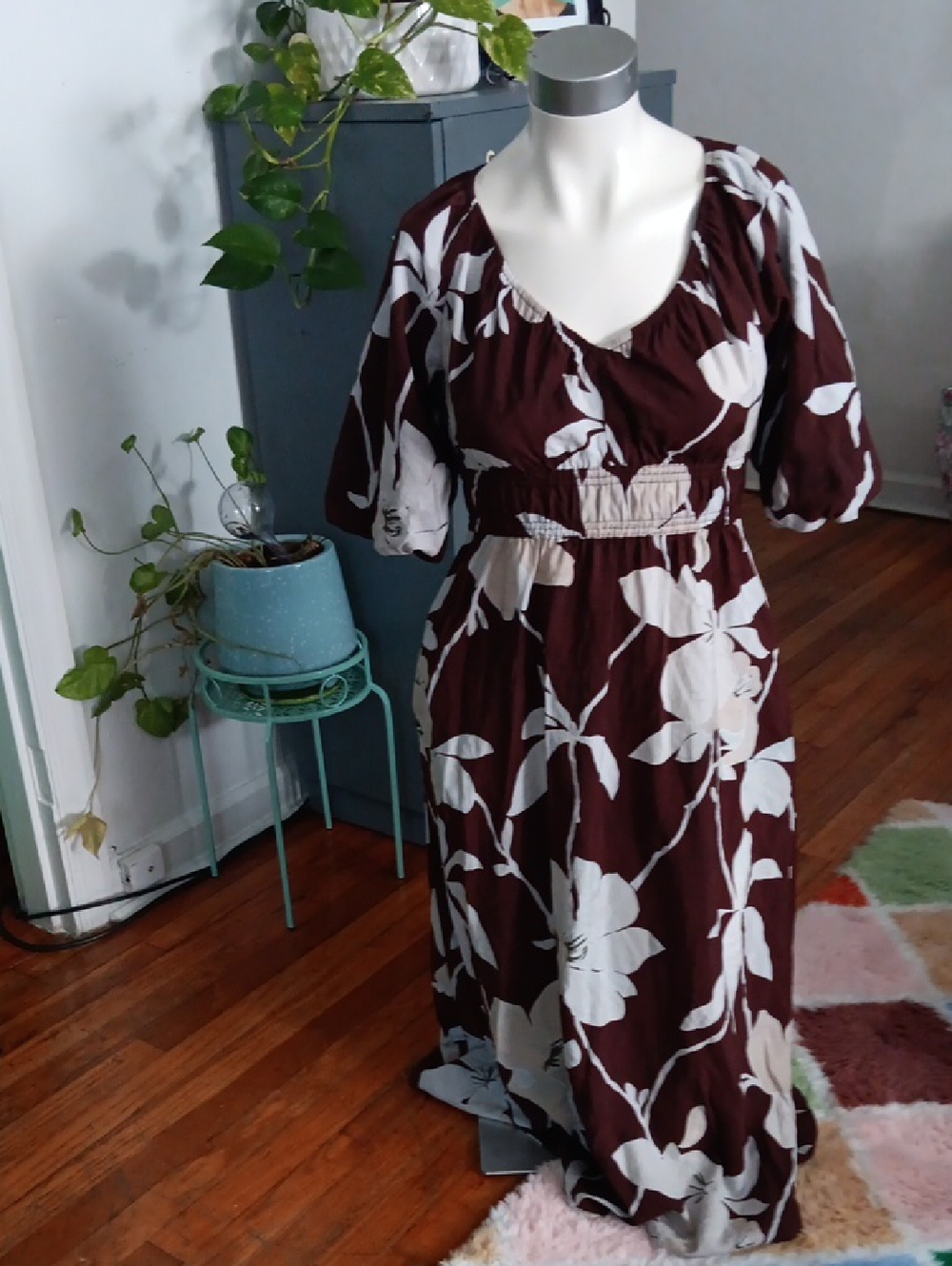 LOFT Burgundy Maxi Dress with White Floral Print